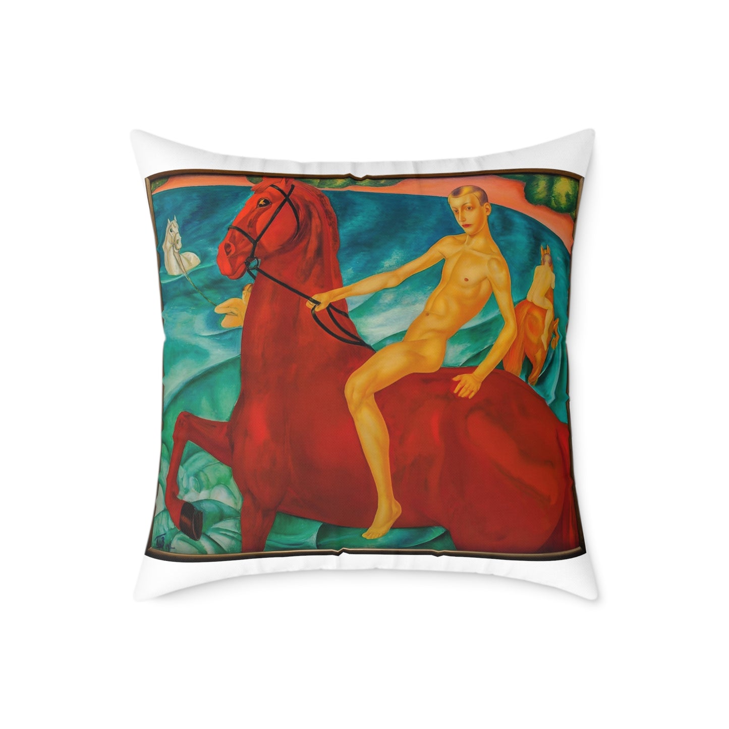 Bathing the Red Horse throw pillow