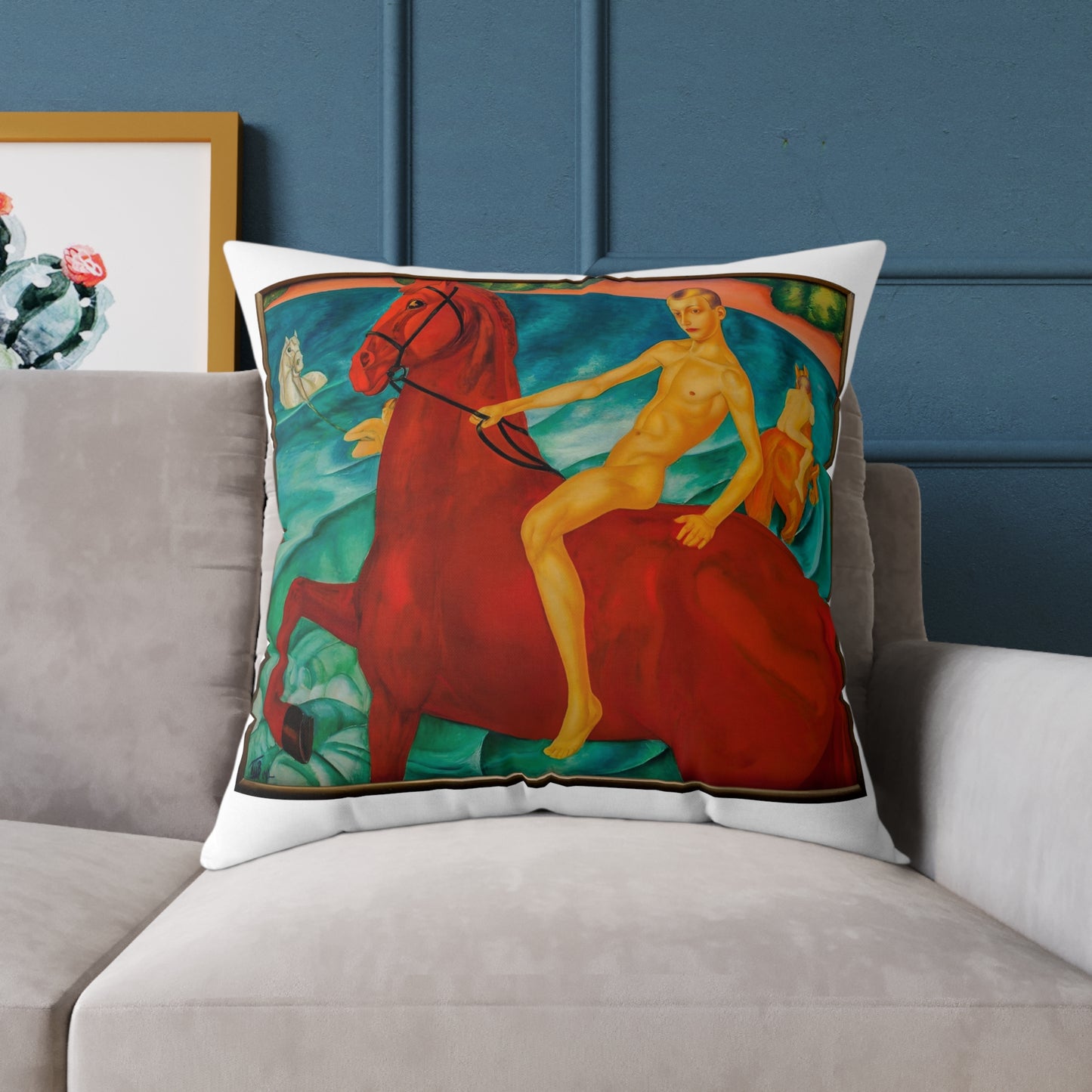 Bathing the Red Horse throw pillow